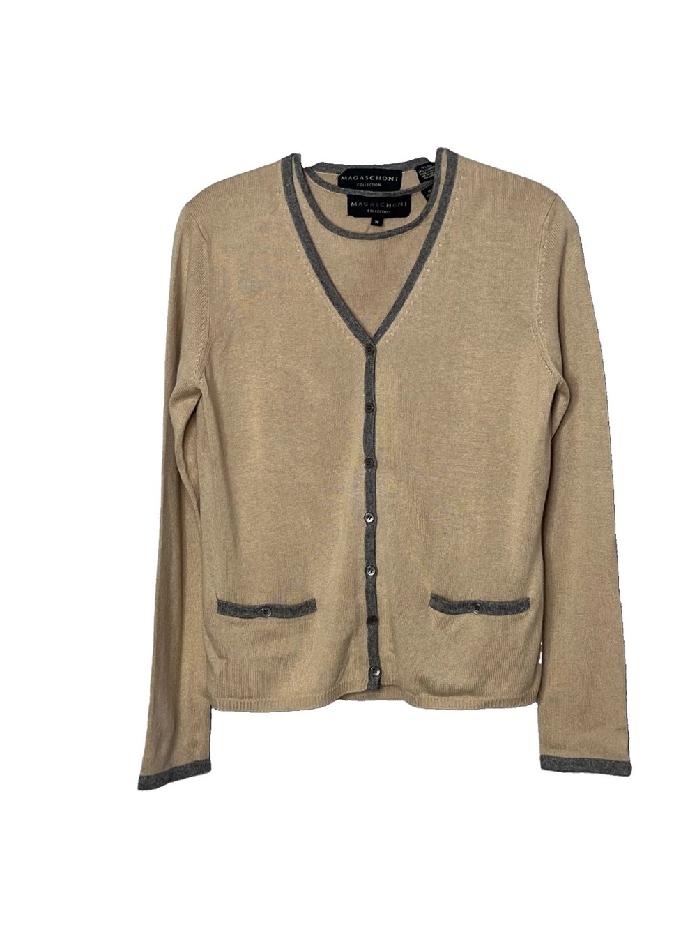 Magaschoni Tan Cardigan Sweater with Gray Trim Womens Small 2 Piece Set Vest